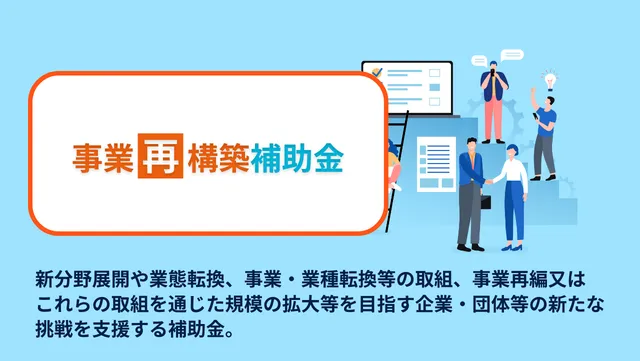 新分野展開や業態転換、事業・業種転換等の取組、事業再編又はこれらの取組を通じた規模の拡大等を目指す企業・団体等の新たな挑戦を支援する補助金。